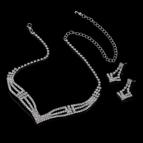 Zinc Alloy Jewelry Sets Stud Earring & necklace plated 2 pieces & for woman & with rhinestone silver color Sold By Set