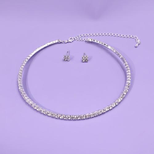 Zinc Alloy Jewelry Sets Stud Earring & necklace 2 pieces & for woman & with rhinestone silver color Sold By Set