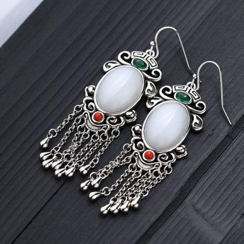 Brass Drop Earring with Jade vintage & for woman silver color 66mm Sold By Pair