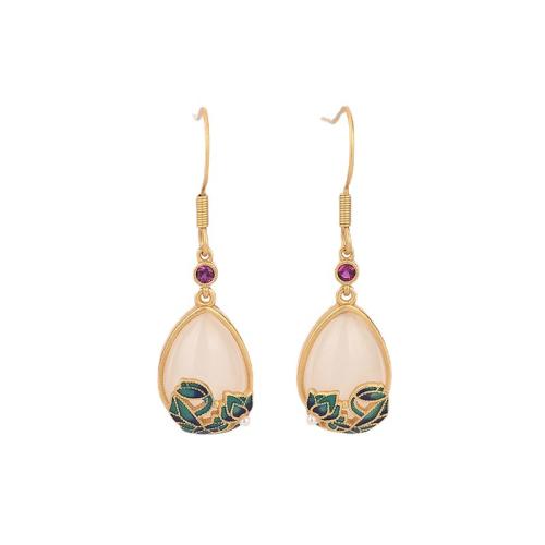 Brass Drop Earring with Jade vintage & for woman & enamel golden 39mm Sold By Pair