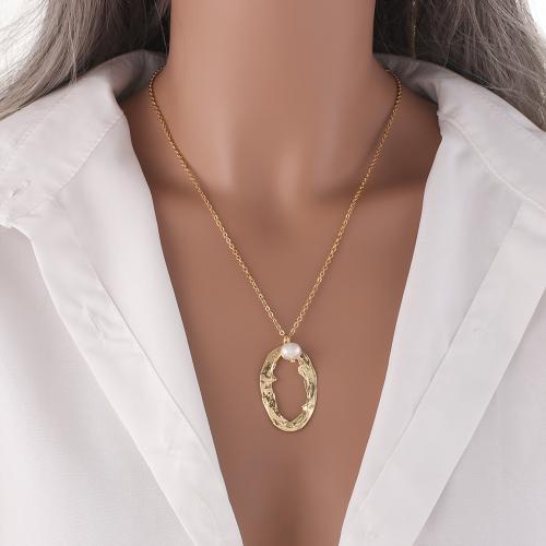 Brass Necklace with Plastic Pearl gold color plated for woman nickel lead & cadmium free Length 47.8 cm Sold By PC