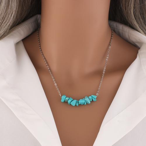 Collier en laiton, avec turquoise, Placage de couleur argentée, pour femme, protéger l'environnement, sans nickel, plomb et cadmium, Longueur 41.5 cm, Vendu par PC