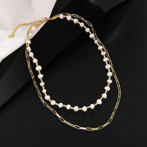 Brass Necklace with Freshwater Pearl gold color plated Double Layer & for woman Sold By PC