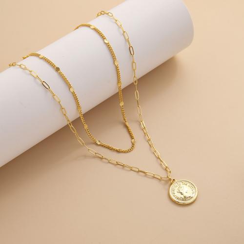 Collier en laiton, Rond, Placage de couleur d'or, Double couche & pour femme, protéger l'environnement, sans nickel, plomb et cadmium, Vendu par PC