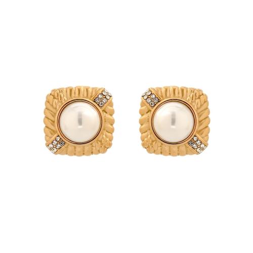 Stainless Steel Stud Earrings 304 Stainless Steel with Plastic Pearl plated fashion jewelry & for woman & with rhinestone Sold By Pair