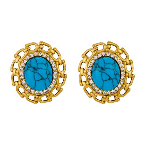 Stainless Steel Stud Earrings 304 Stainless Steel with turquoise 18K gold plated for woman & with rhinestone & hollow Sold By Pair