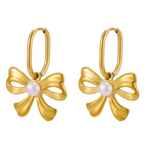 Rostfritt stål spaken bakåt Earring, 304 rostfritt stål, med Plast Pearl, Bowknot, 18K guldpläterad, mode smycken & för kvinna, Säljs av Par