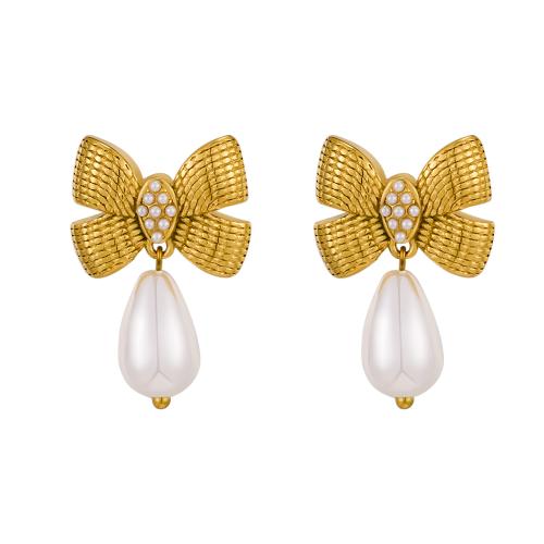 Stainless Steel Stud Earrings 304 Stainless Steel with Plastic Pearl Bowknot 18K gold plated fashion jewelry & for woman Sold By Pair