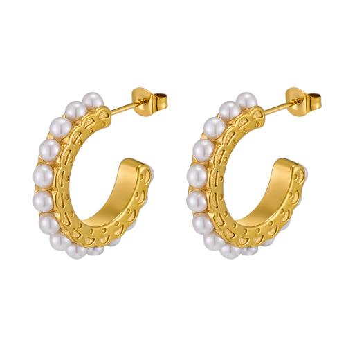 Pendientes de Acero Inoxidable, acero inoxidable 304, con Perlas plásticas, 18K chapado en oro, Joyería & para mujer, Vendido por Par