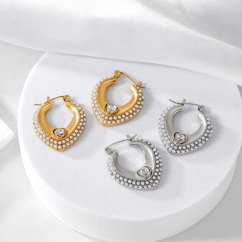 Stainless Steel Lever Back Earring 304 Stainless Steel with Plastic Pearl plated fashion jewelry & for woman & with rhinestone Sold By Pair