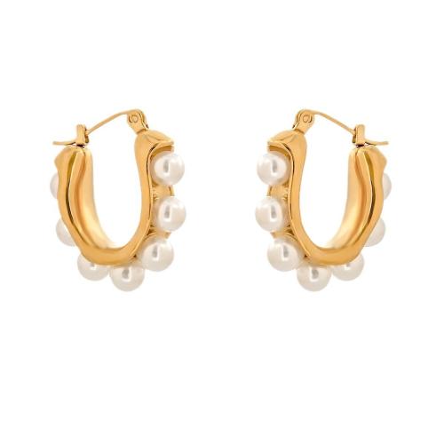 Stainless Steel Lever Terug Earring, 304 roestvrij staal, met Plastic Pearl, plated, mode sieraden & voor vrouw, gouden, Verkocht door pair