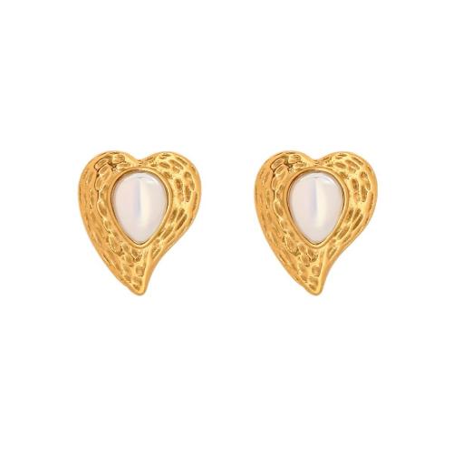 Stainless Steel Stud Earrings 304 Stainless Steel with Plastic Pearl Heart plated fashion jewelry & for woman golden Sold By Pair