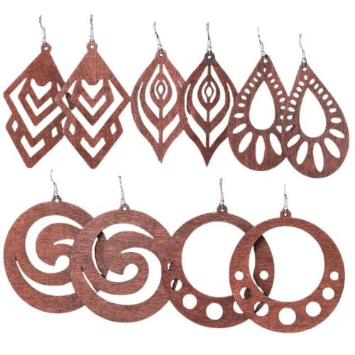 Boucles d'oreille en bois, gravé, 5 pièces & pour femme & creux, rouge, Vendu par fixé