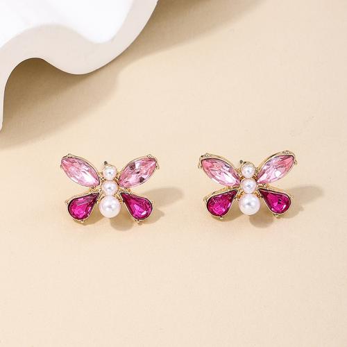 Zinc Alloy Stud Earring with Plastic Pearl Butterfly plated micro pave cubic zirconia & for woman pink Sold By Pair