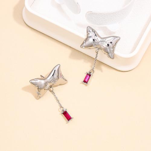 Zinc Alloy Stud Earring Bowknot plated micro pave cubic zirconia & for woman silver color Sold By Pair