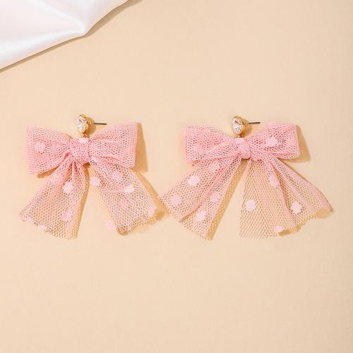 Zinc Alloy Stud Earring with Gauze Bowknot plated micro pave cubic zirconia & for woman pink Sold By Pair