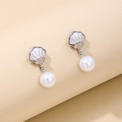 Zinklegering oorknoppen, Zinc Alloy, met Plastic Pearl, plated, voor vrouw, zilver, Verkocht door pair