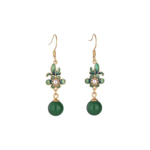 Brass Drop Earring with Jade & Plastic Pearl plated for woman & enamel golden 42mm Sold By Pair