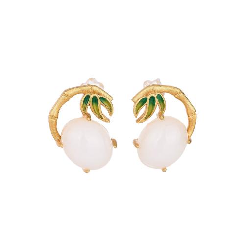 Brass Stud Earring with Jade vintage & for woman & enamel golden Sold By Pair