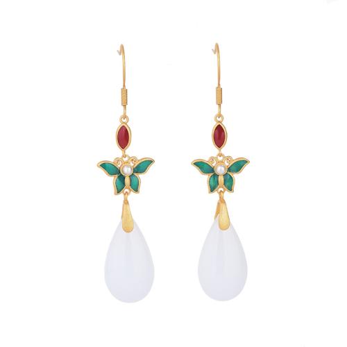 Brass Drop Earring with Jade & Plastic Pearl vintage & for woman & enamel golden 62mm Sold By Pair