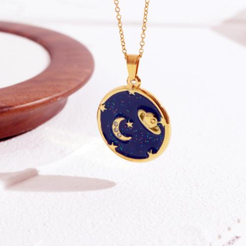 Titanium Steel Necklace Round gold color plated micro pave cubic zirconia & for woman & enamel blue Length 40 cm Sold By PC