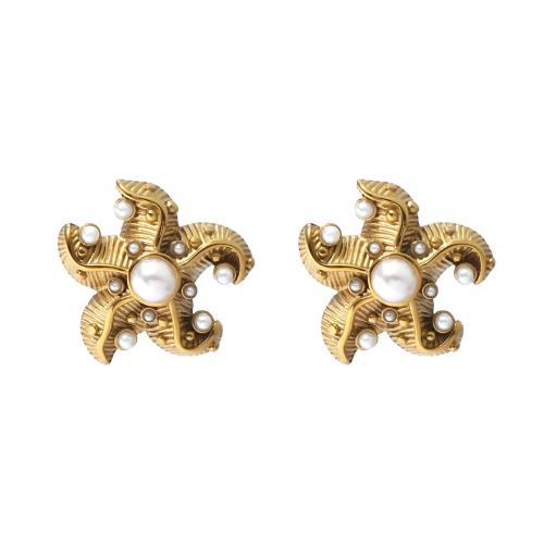 Stainless Steel Stud Earrings 304 Stainless Steel with Plastic Pearl Starfish plated fashion jewelry & for woman golden Sold By Pair