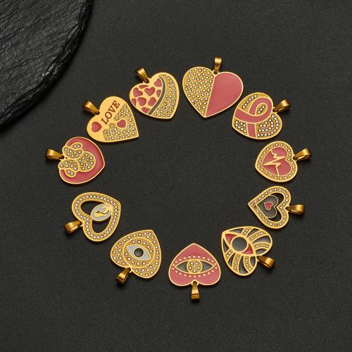 Stainless Steel Heart Pendants 304 Stainless Steel 18K gold plated DIY & enamel & with rhinestone Sold By PC