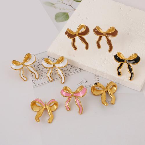 Stainless Steel Stud Earrings 304 Stainless Steel Bowknot gold color plated fashion jewelry & for woman & enamel Sold By Pair