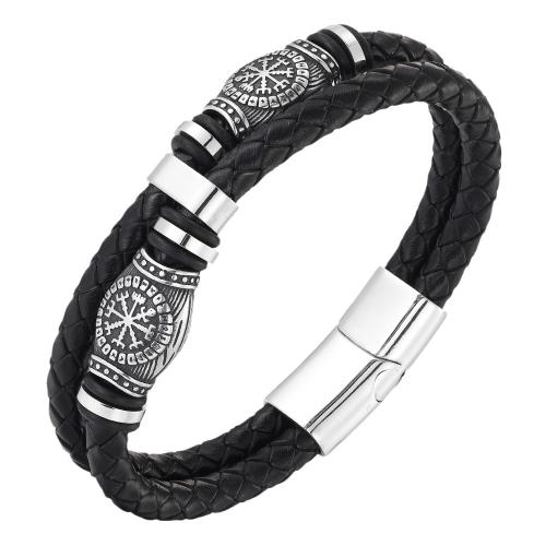 Bracciale in cuoio, corda in pelle di vitello, with 304 acciaio inox, lucido, Doppio strato & lunghezza differente per scelta & per l'uomo, nero, Venduto da PC