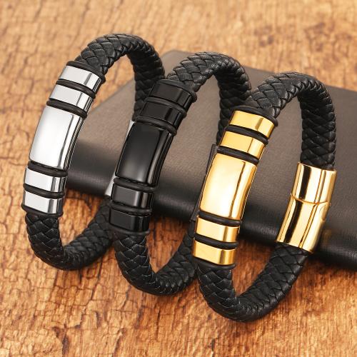 Bracelet de cuir de vachette, cuir de peau de vache, avec Acier inoxydable 304, Placage, bijoux de mode & longueur différente pour le choix & pour homme, plus de couleurs à choisir, Vendu par PC