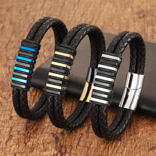 Pulseira de couro, corda de Couro de vaca, with Aço inoxidável 304, banhado, joias de moda & comprimento diferente para a escolha & para o homem, Mais cores pare escolha, vendido por PC