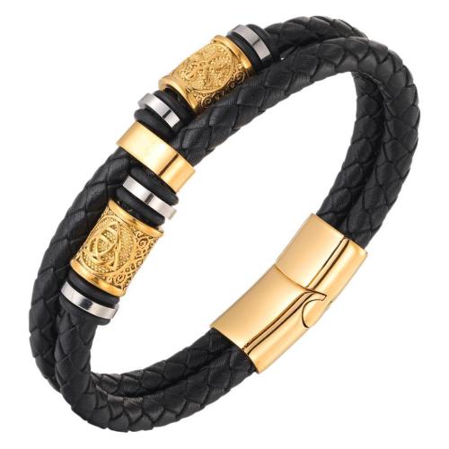 Cowhide Bracelet with 304 Stainless Steel plated Double Layer & for man golden Sold By PC