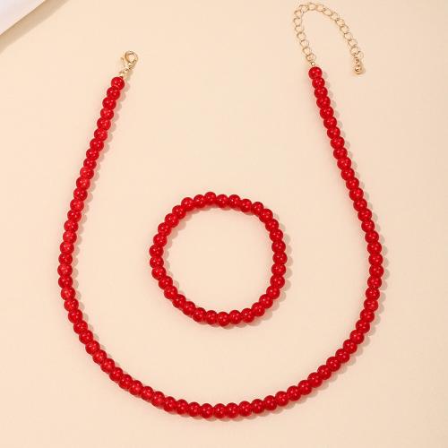 Zinc Alloy Jewelry Sets bracelet & necklace with Glass plated for woman red Sold By Set