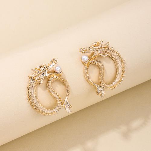 Zinc Alloy Stud Earring with Plastic Pearl Dragon plated for woman gold Sold By Pair