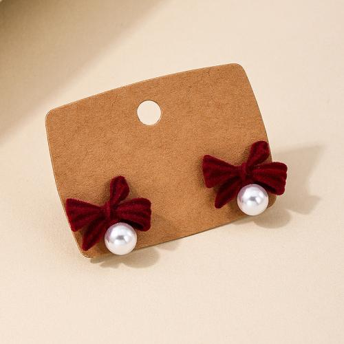 Earring Jewelry Flocking Fabric with Plastic Pearl Bowknot plated for woman red Sold By Pair