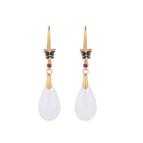 Brass Drop Earring with Jade vintage & for woman golden 50mm Sold By Pair