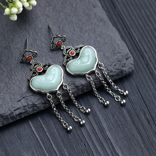 Brass Stud Earring with Jade vintage & for woman silver color 56mm Sold By Pair