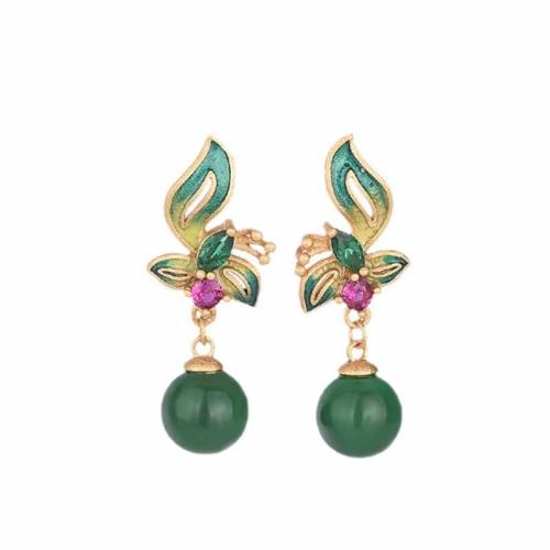 Brass Stud Earring with Jade vintage & for woman & enamel golden 30mm Sold By Pair