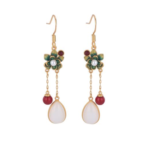 Brass Drop Earring with Jade & Plastic Pearl plated vintage & for woman golden 60mm Sold By Pair