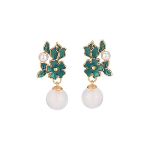 Brass Stud Earring with Jade & Plastic Pearl vintage & for woman & enamel golden 26mm Sold By Pair