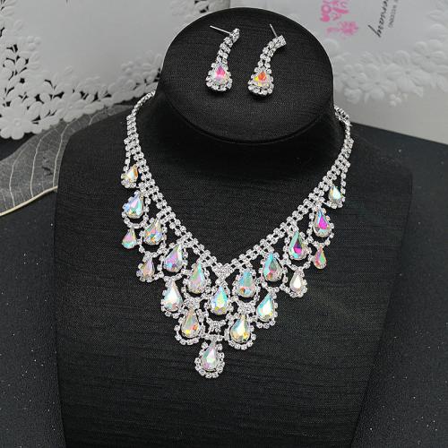 Brass Jewelry Set Stud Earring & necklace with Crystal 2 pieces & for woman & with rhinestone Sold By Set