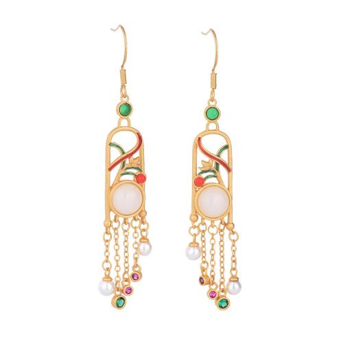 Brass Drop Earring with Jade & Plastic Pearl vintage & for woman golden 72mm Sold By Pair