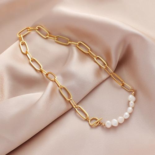 Brass Necklace with Plastic Pearl Vacuum Ion Plating for woman Sold By PC