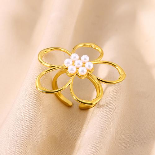 Stainless Steel Finger Ring 304 Stainless Steel with Plastic Pearl Flower gold color plated for woman nickel lead & cadmium free Sold By PC