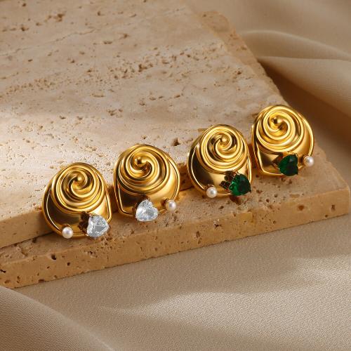 Roestvrij staal Stud Earrings, 304 roestvrij staal, Schelp, gold plated, micro pave zirconia & voor vrouw, meer kleuren voor de keuze, nikkel, lood en cadmium vrij, Verkocht door pair