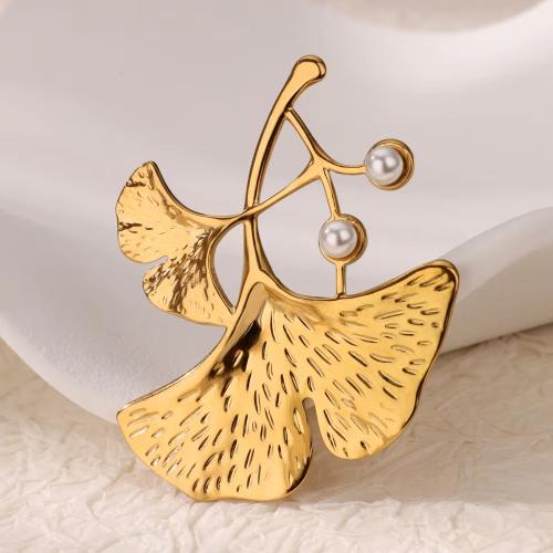 Fashion Brooch Jewelry 304 Stainless Steel with Plastic Pearl Ginkgo Leaf plated for woman Sold By PC