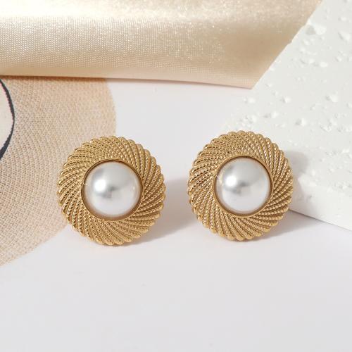 Roestvrij staal Stud Earrings, 304 roestvrij staal, met Plastic Pearl, plated, mode sieraden & voor vrouw, gouden, Verkocht door pair