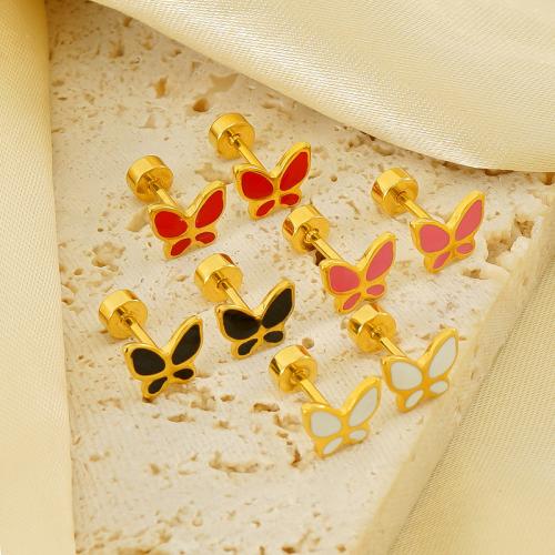 Stainless Steel Stud Earrings 304 Stainless Steel with enamel Butterfly 18K gold plated fashion jewelry & for woman & enamel Sold By Pair