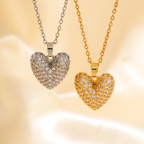 Stainless Steel Jewelry Necklace 304 Stainless Steel with 1.97 Inch extender chain Heart plated fashion jewelry & micro pave cubic zirconia & for woman Length 15.75 Inch Sold By PC