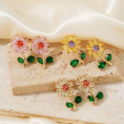 Cubic Zirconia Micro Pave Brass Earring Sunflower plated fashion jewelry & micro pave cubic zirconia & for woman Sold By Pair